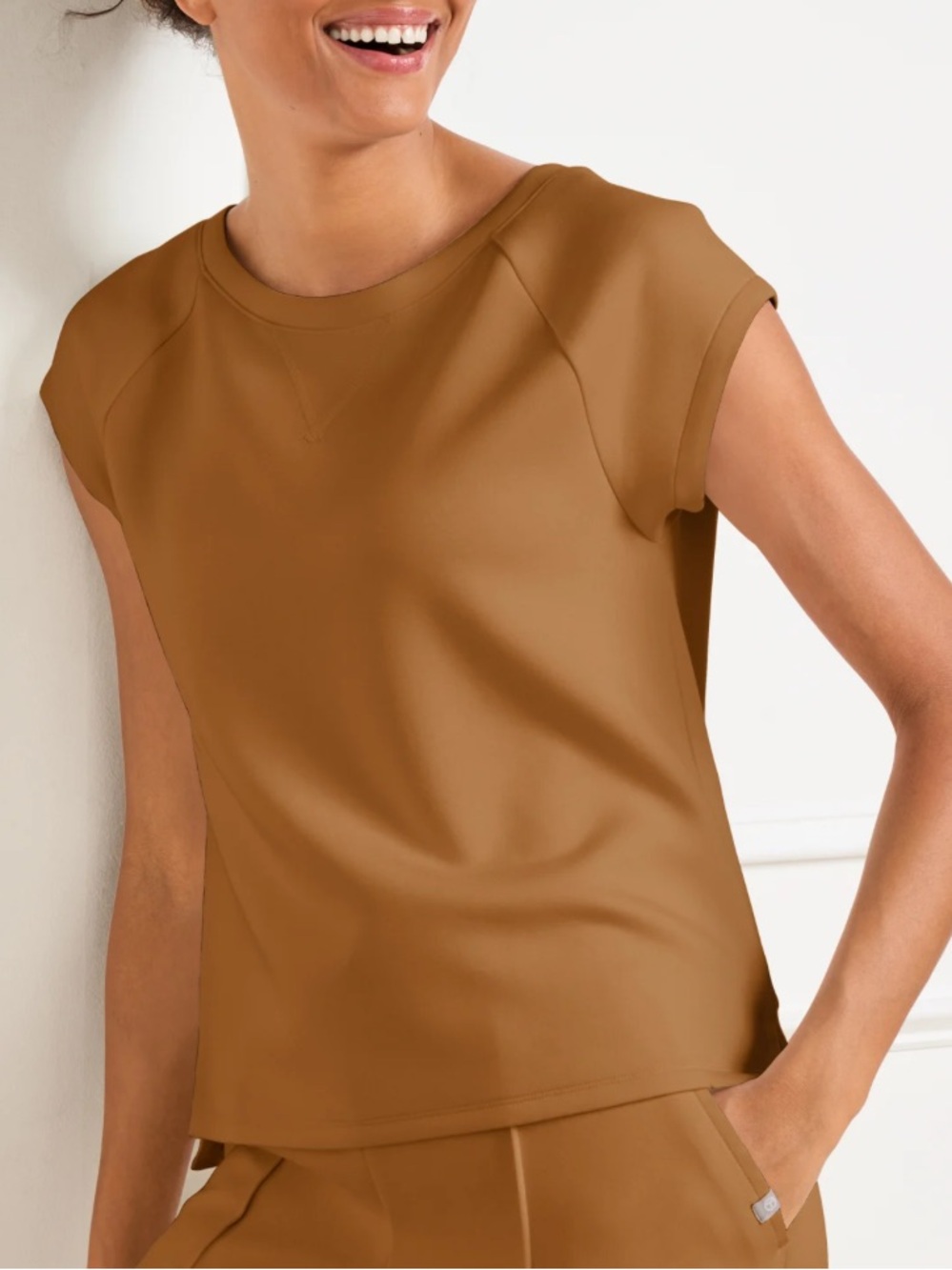 Talbots AirKnit Stretch Short Sleeve Boxy Modal Tee in Camel Brown Sz L petite